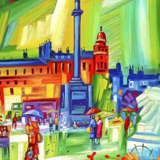 Colorful, abstract painting of an urban scene with a prominent tower, buildings, and figures in the foreground. By Raymond Murray